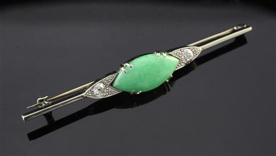 A 1930s 18ct gold and platinum, jadeite and diamond bar brooch, 2.25in.